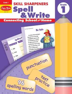 Evan-Moor Skill Sharpeners Spell and Write Workbook, Grade 1, Spelling Patterns, Test Prep, Word Families, Short Vowels, Grammar, Punctuation, Creative Writing, Vocabulary, Activities, Homeschool